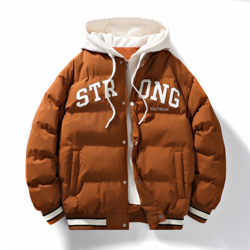 Fake Two-piece Bread Suit Men's Autumn and Winter Hooded Trendy Brand Plus Fashion Letter Printed Jacket Cotton-padded Jacket Source