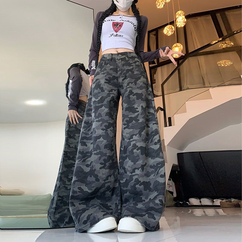 Plus Size Workwear Wide-Leg Camouflage Jeans for Women, Autumn American Style, Loose Retro Drape, Lazy Straight Pants for Chubby Women
