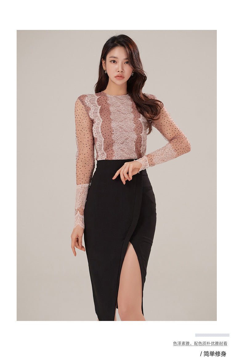 Foreign Trade Women's Clothing 2025 Spring and Summer Round Neck Sexy Polka Dot Mesh Slim Top + High Waist Slim Slit Hip Skirt
