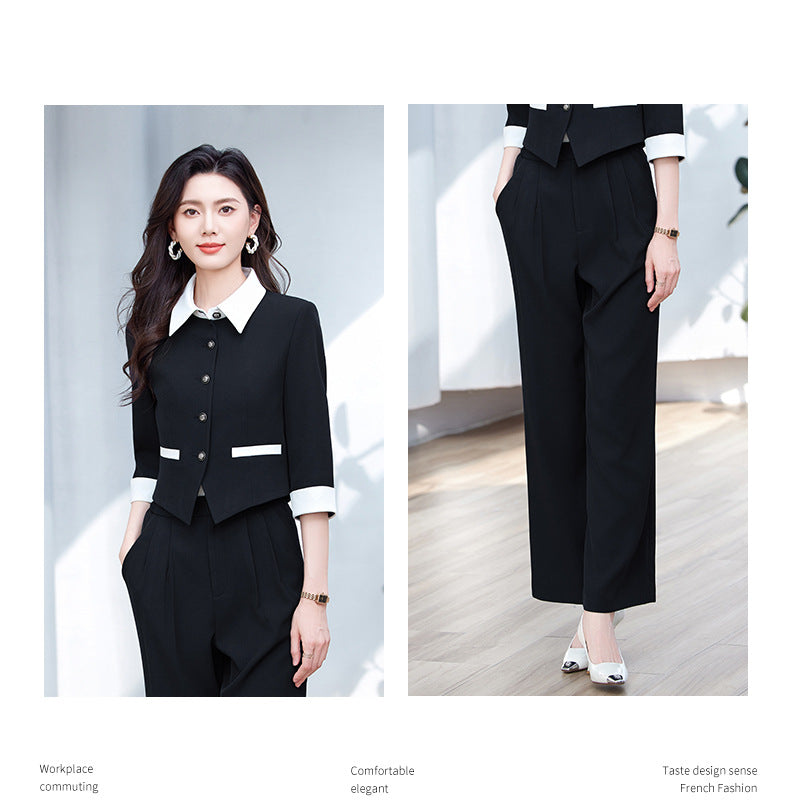 Tweed Style Splicing Jacket with Metal Buckle for Women Spring and Summer New High-End Fashion Doll Collar Elegant Three-Quarter Sleeve Suit