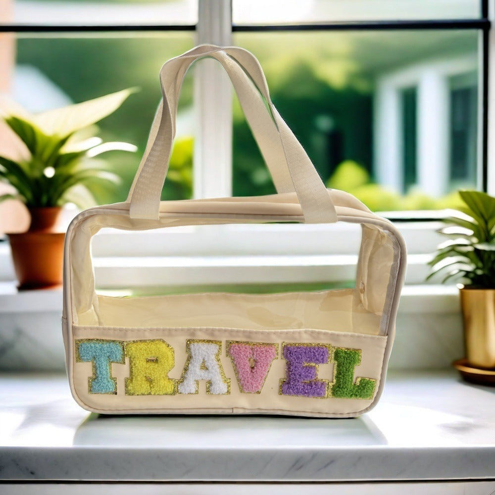 Amazon Cross Border Transparent PVC Handbag Embroidered Letters Storage Bag Large Capacity Travel Wash Bag