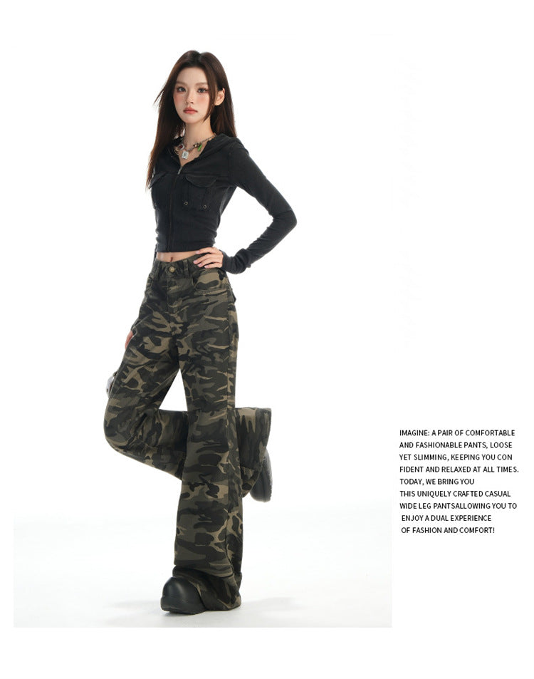 Autumn New Non-Elastic Slightly Spicy Cargo Pants American Retro Camouflage Flap Pocket Design Jeans for Women