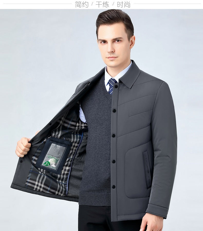2025 Winter Mulberry Silk Men's Cotton Jacket with Turn-Down Collar, Quilted Middle-Aged Business Casual Cotton Coat for Dad