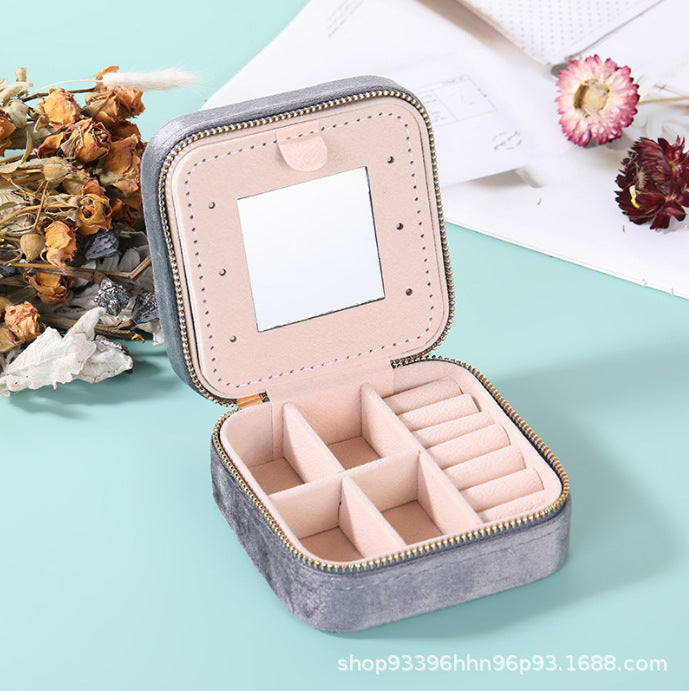 Portable Double-Layer Zipper Velvet Jewelry Storage Box Flip Earrings Earrings Ring Storage Jewelry Box