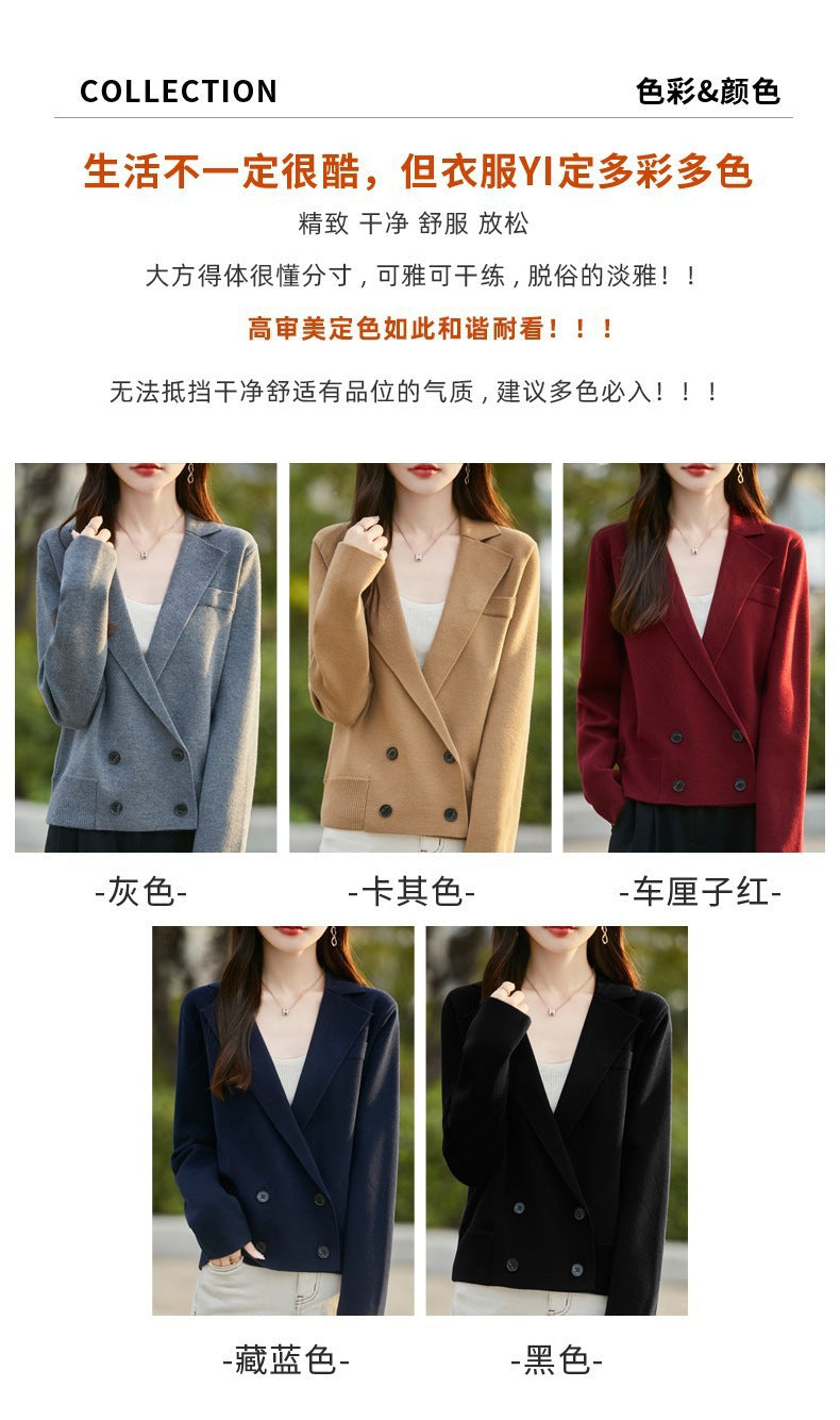 Spring and Autumn Suit Collar Worsted Wool Cardigan Women's Casual Tops Autumn and Winter Cashmere Sweater Top New Style