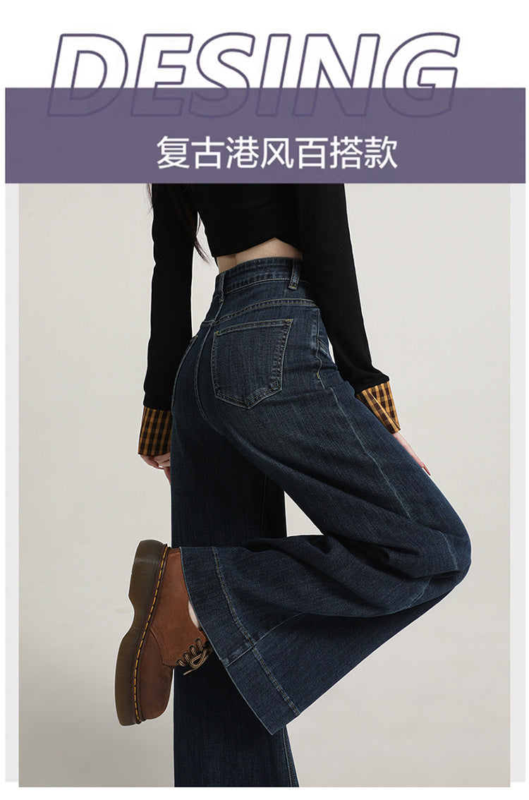 Retro American Style Denim Blue Flared Jeans for Women 2025 Autumn New Slimming Versatile Bootcut Pants