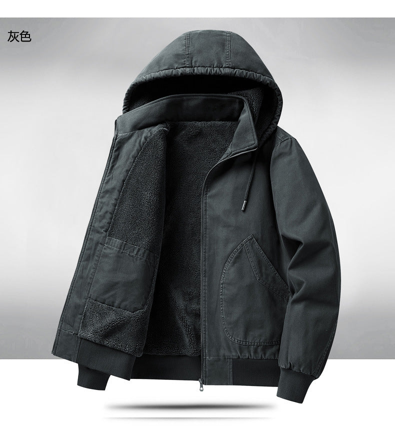 Men's Autumn and Winter Warm Fashion Fleece-Lined Bomber Jacket American-Style Workwear Hooded Cotton Coat for Warmth