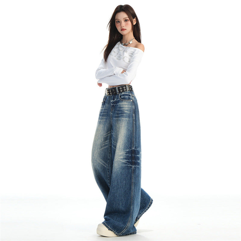Raccoon House # High-Waisted Loose Whiskered Floral Heavy Craft Jeans for Women 2025 Autumn New Drape Slimming Floor-Length Pants