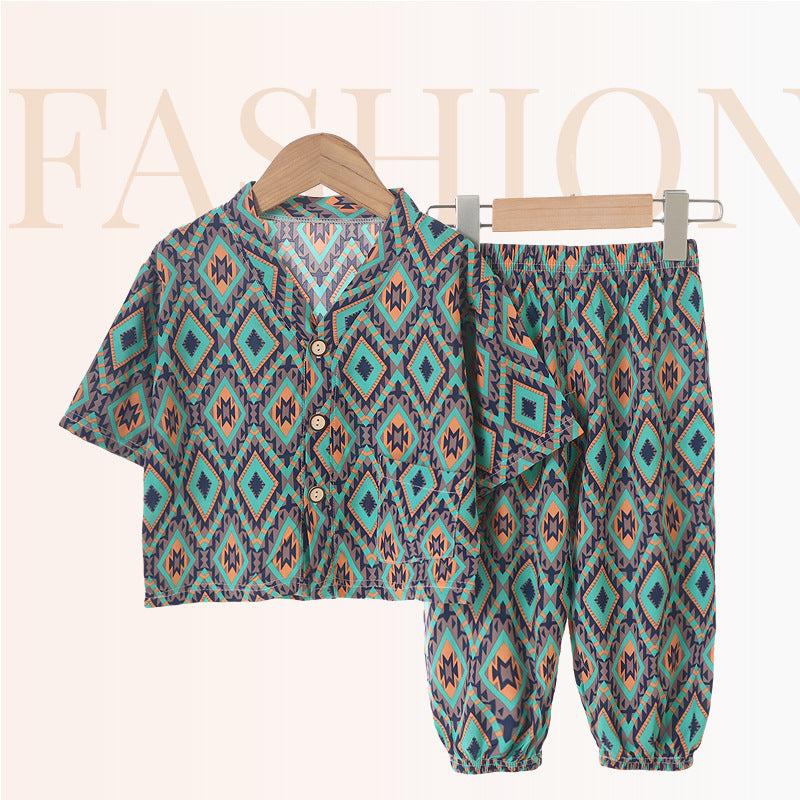 Children's Home Clothes Cotton Silk Suit Summer Boys and Girls Pajamas Artificial Cotton Two-Piece Set Cotton Silk Air-Conditioned Clothes Kidsren's Clothing