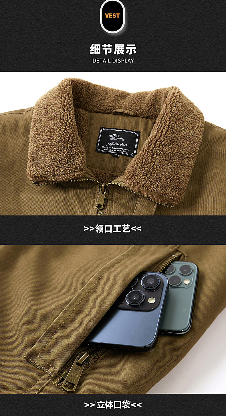 2024 Autumn/Winter New Cross-Border Men's Fleece-Lined Cotton Jacket with Stand Collar, Neck Protection, Cold-Proof, Washable Cotton Coat, Pure Cotton Outerwear