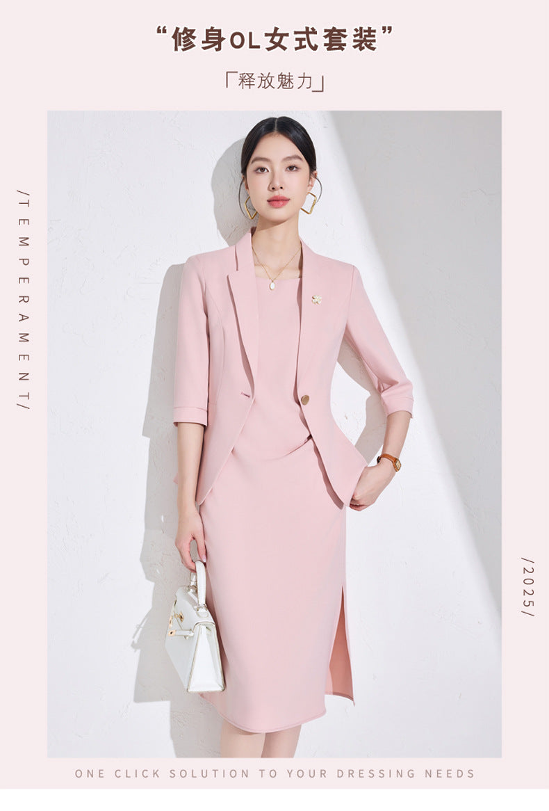Pink High-End Three-Quarter Sleeve Blazer Women's Pants Dress Business Attire Two-Piece Suit High-End Elegant Trendy