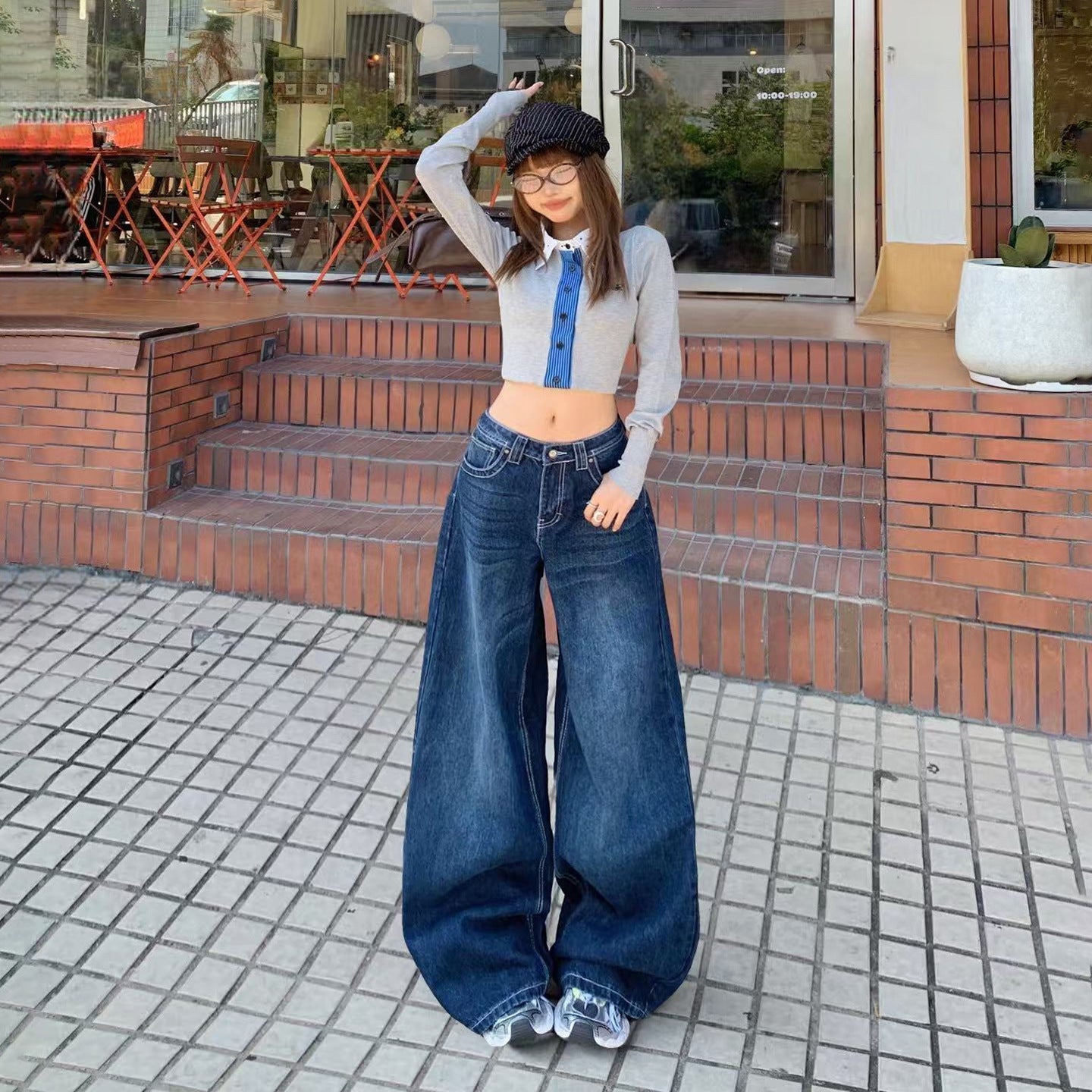 American-Style Dark Blue Wide-Leg Jeans for Women, 2025 Autumn New Straight High-Waisted Loose Slimming Lazy Floor-Length Pants