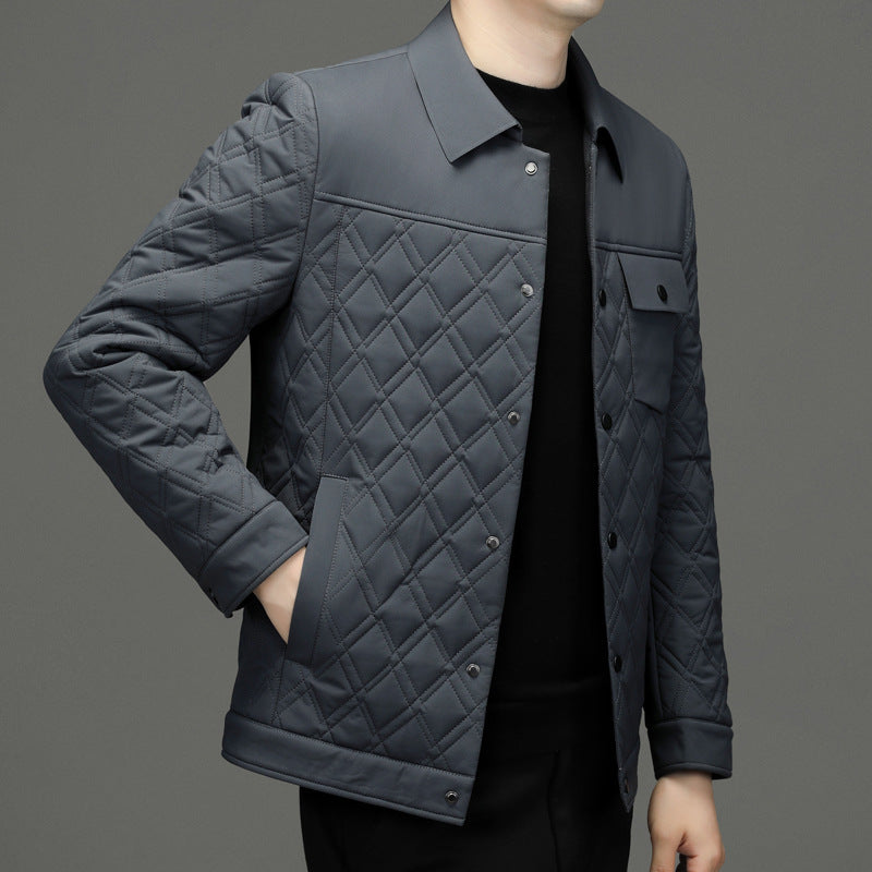 High-end men's mulberry silk cotton-padded coat business casual plaid middle-aged lightweight cotton-padded jacket autumn and winter men's lapel cotton-padded coat