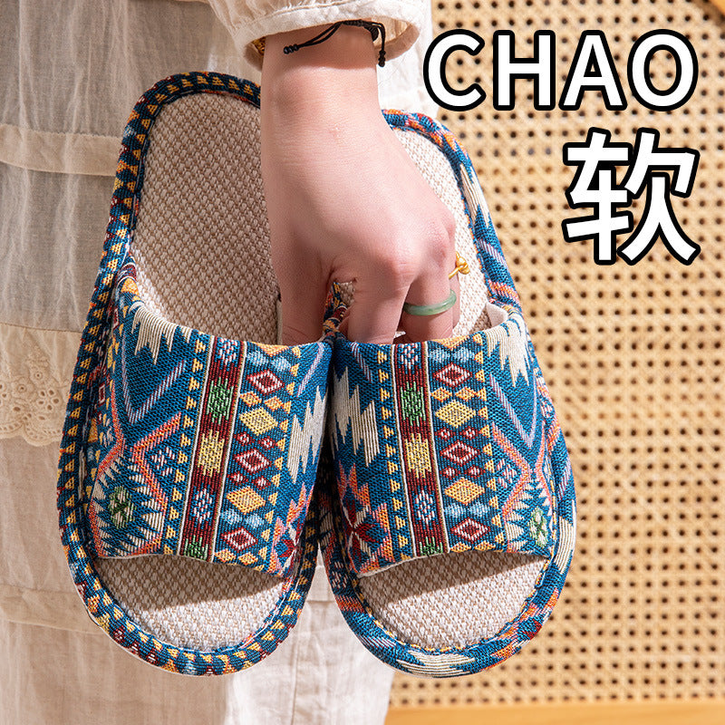 Linen Slippers Women's Spring and Autumn Household Couple's Home Indoor Mute Non-Slip Soft Bottom Four Seasons Cotton and Linen Fabric Slippers for Men