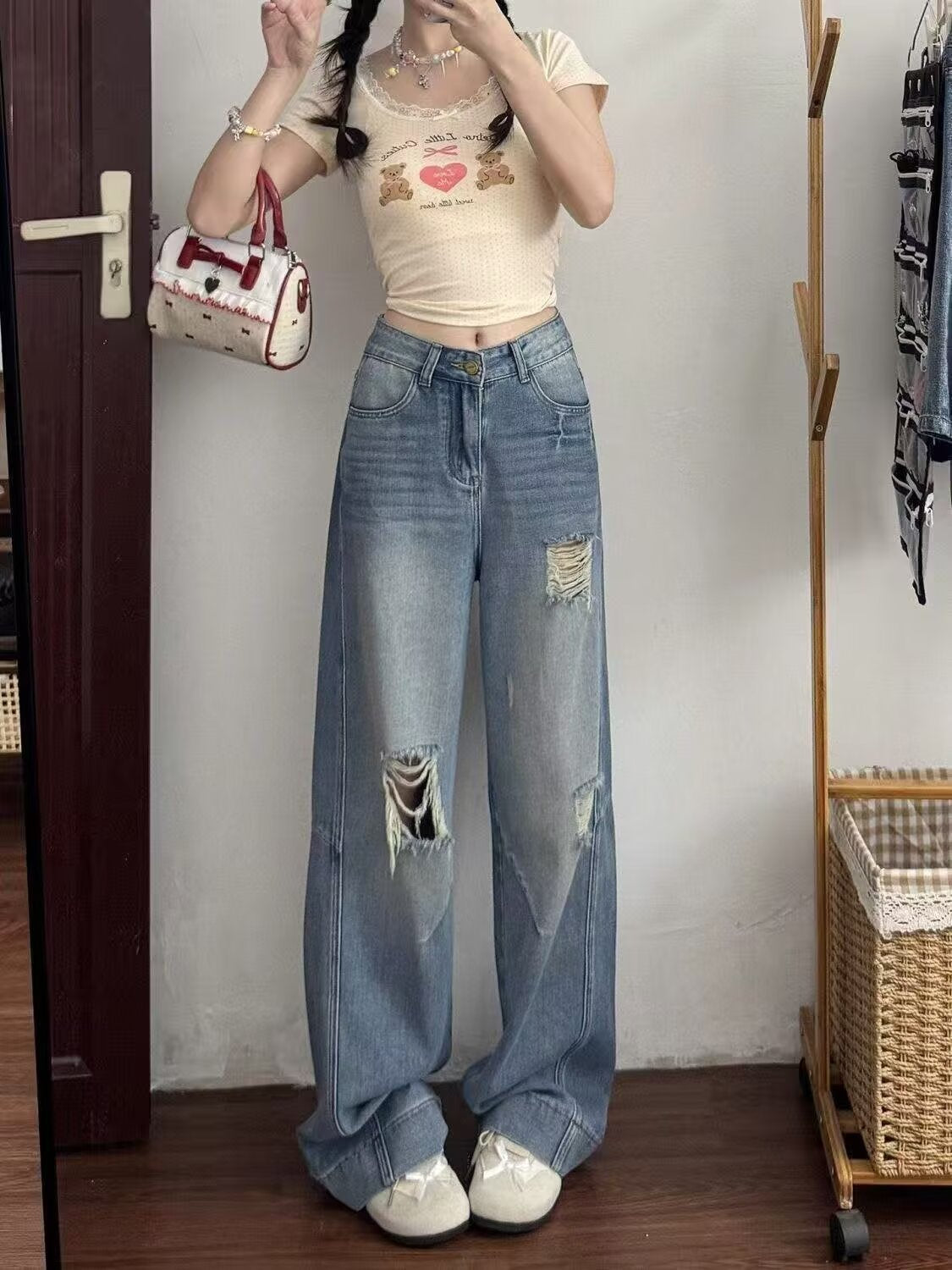 American Style Ripped Jeans for Women, Autumn New Plus-Size High-Waisted Pear-Shaped Figure Slimming Loose Wide-Leg Pants