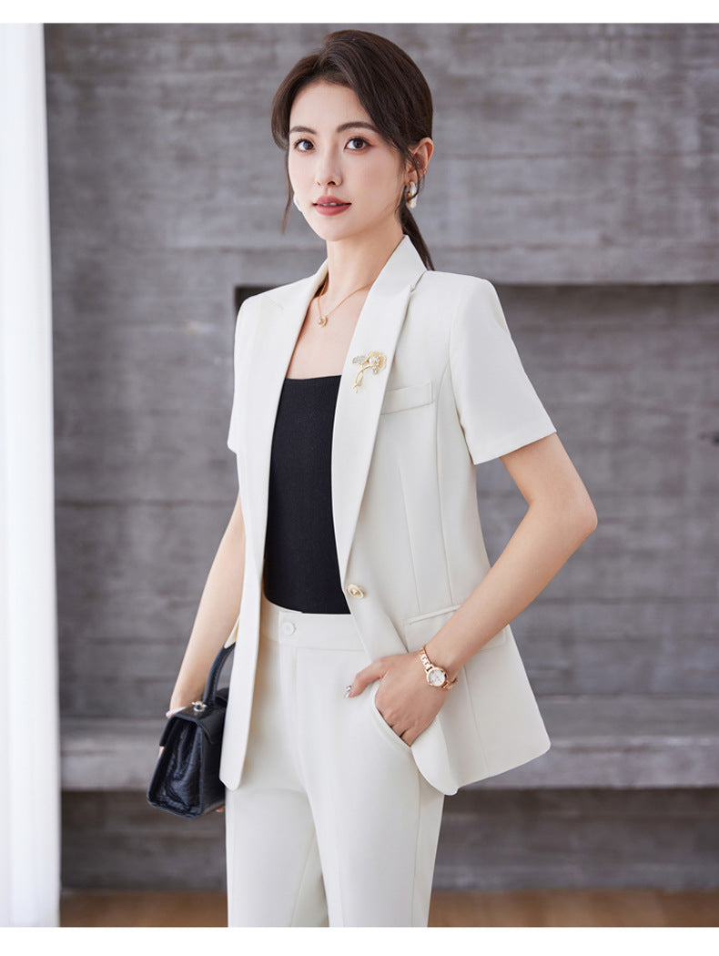 White Short-Sleeved Suit Jacket for Women Summer New Style Petite Professional Elegant Suit Suit Hotel Work Clothes Thin