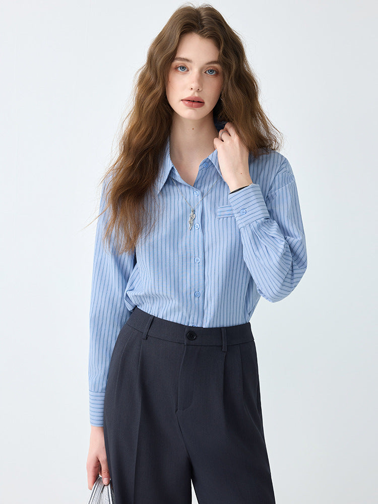 Light Workplace Blue Striped Long-Sleeved Shirt for Women, Spring and Autumn Design Professional Shirt, Commuting Versatile Top