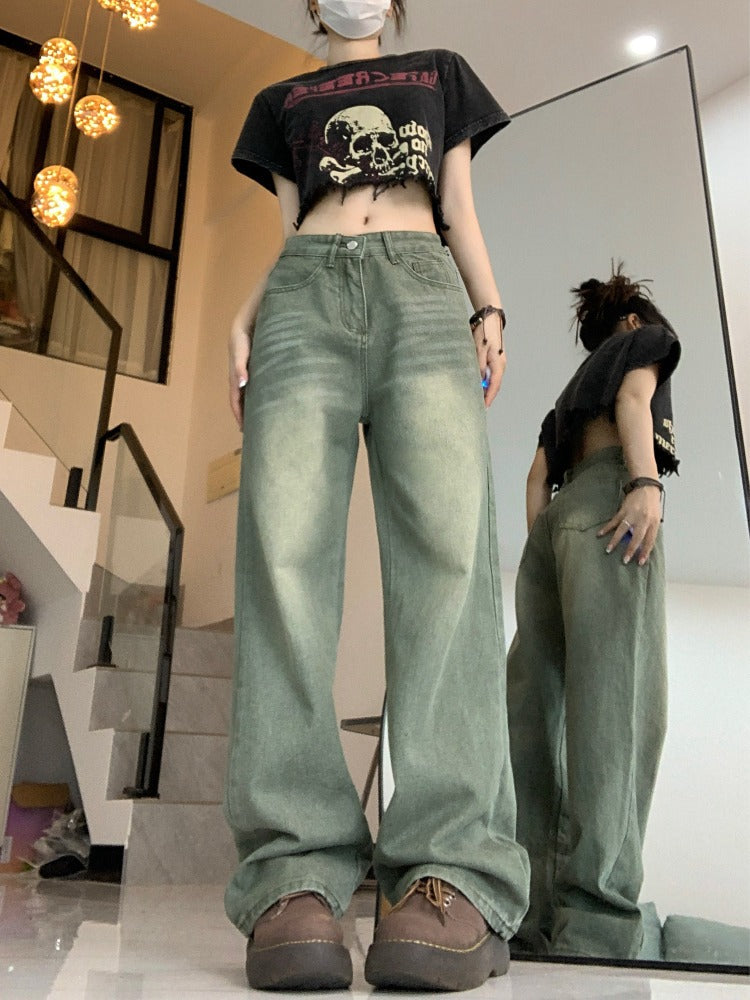 2025 Spring and Autumn Retro American High Waist Slim Straight-Leg Jeans Fashion Women's Loose Floor-Length Wide Leg Long Pants