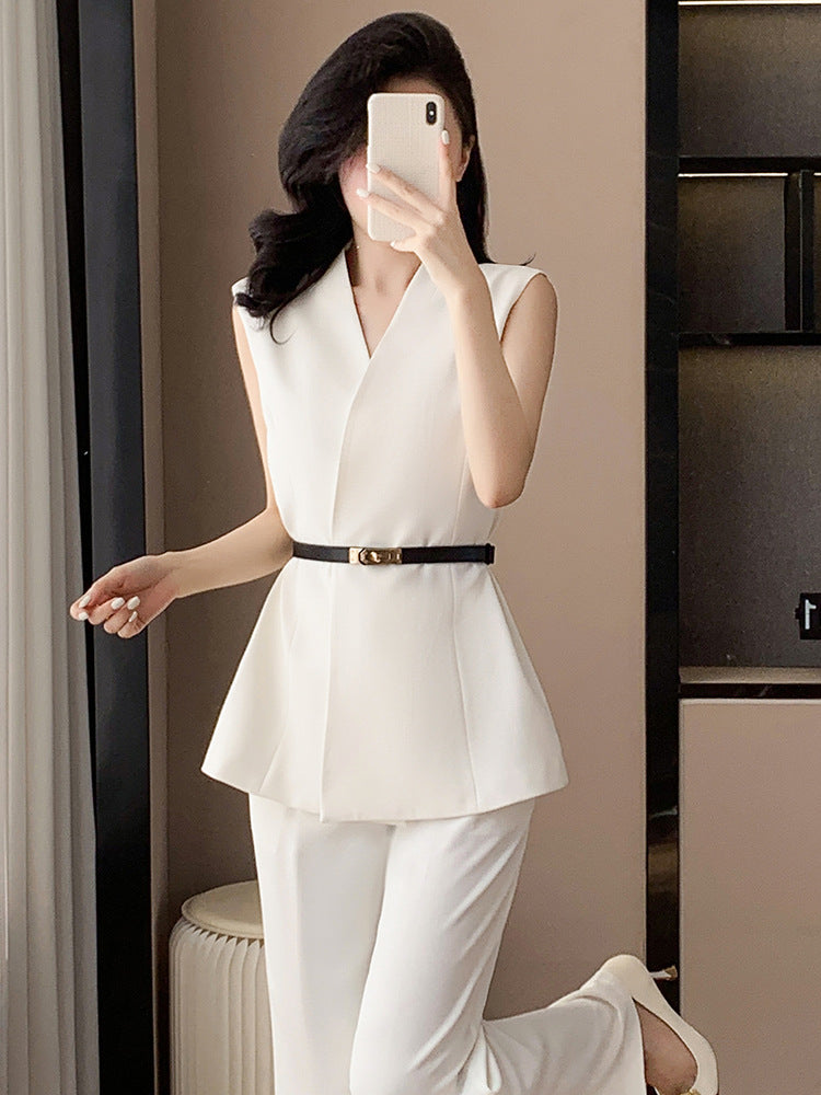 Fashion Casual suit 2025 New High-end Temperament Slimming Waist Sleeveless Jacket Straight Pants Two-piece Set