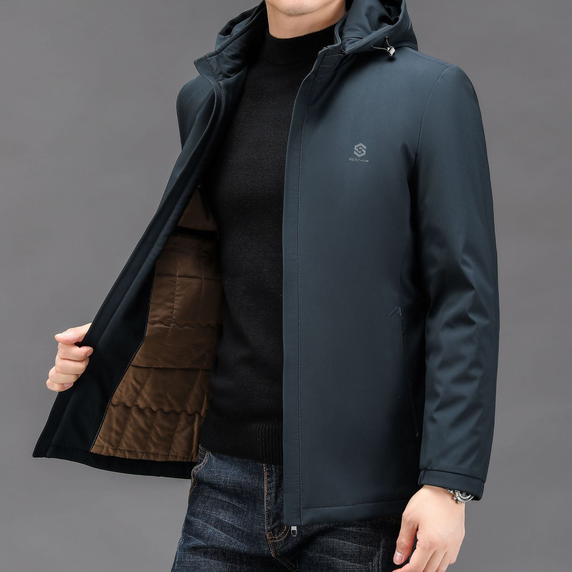 2024 Winter Hooded Business Cotton-padded Coat Men's Cotton-padded Coat New Thickened Warm Trendy Brand Casual Silk Cotton-padded Coat Jacket