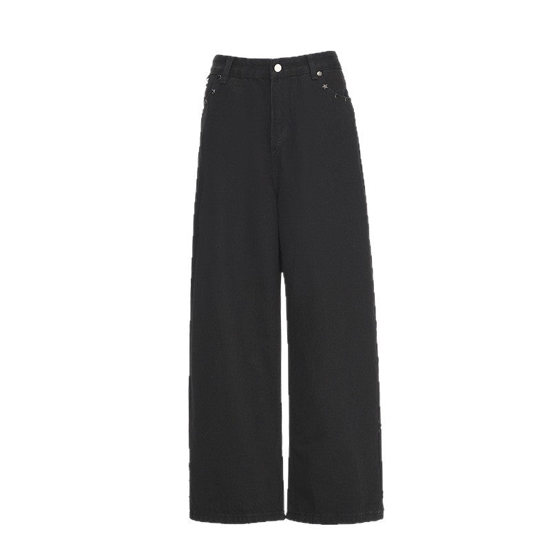American Retro Pocket Design Black High-Waisted Wide-Leg Pants for Women, New Autumn Loose Drape Slimming Jeans for Women