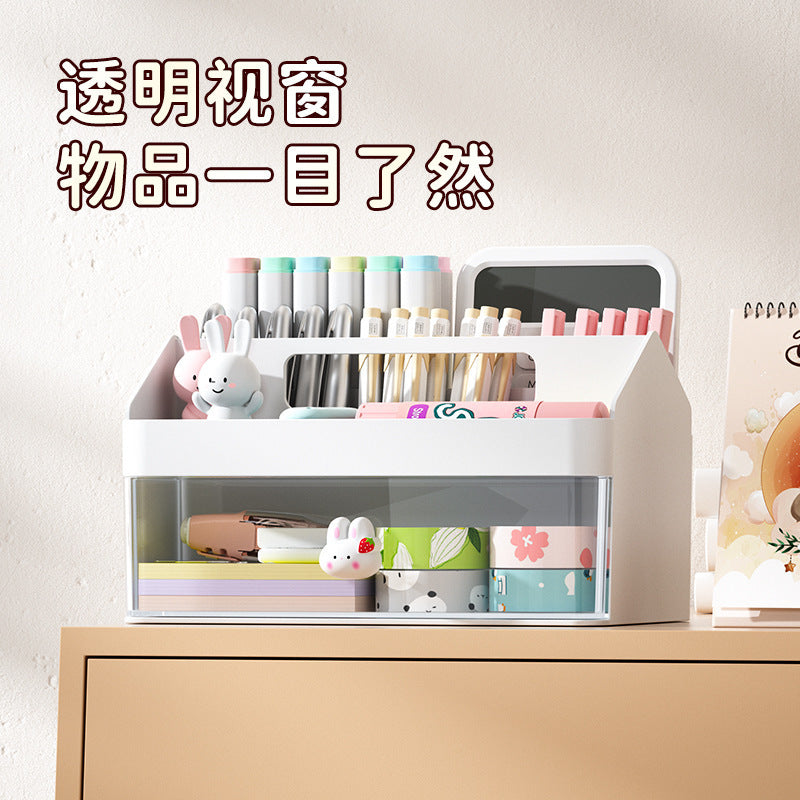Pen Holder Storage Box, Cute Storage Box, Girly Pink Stationery Box, Pen Box, Multi-Functional, Large Capacity with Drawer