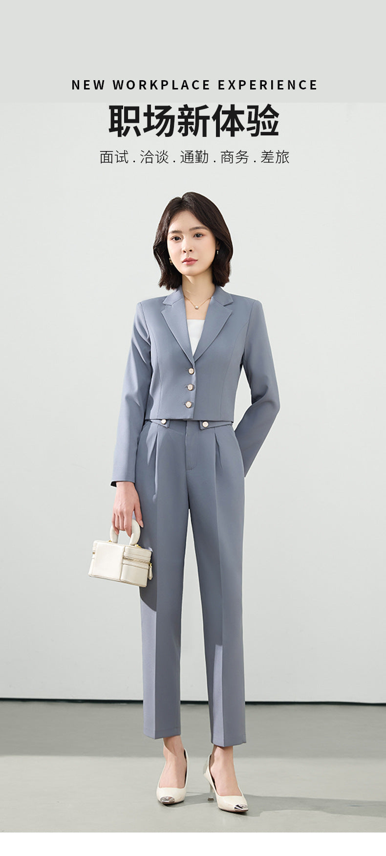 Cross-Border Gray Suit Set for Women, Spring and Autumn Short Style Professional Formal Wear, Hotel Front Desk Long-Sleeve Workwear Blazer