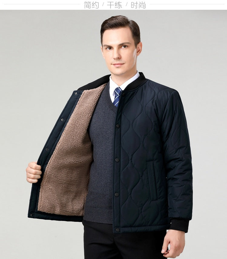 2024 Winter New Style Fleece-Lined Warm Cotton Jacket for Middle-Aged Men, Stand-Up Collar Short Style Cold-Proof Cotton Coat, Padded Large Size Dad's Jacket