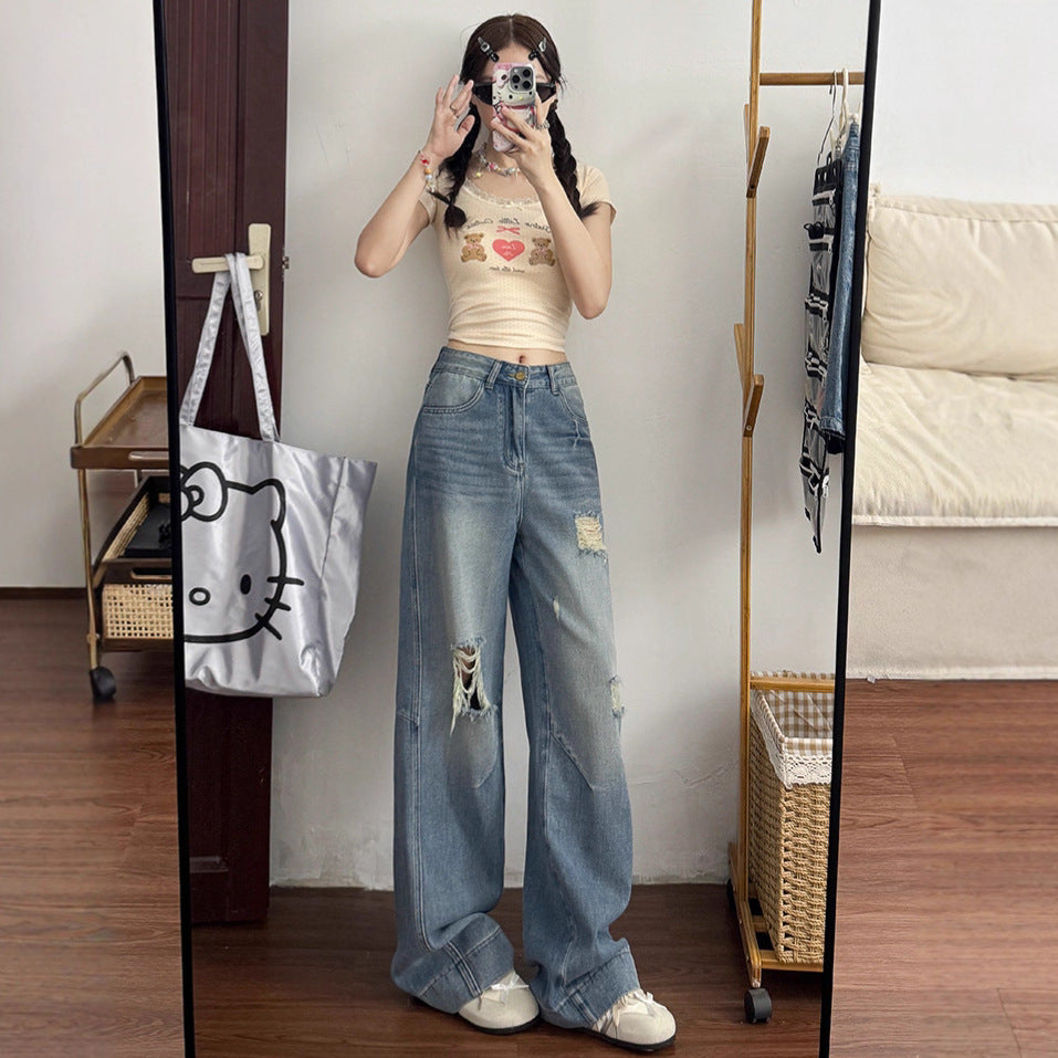 2025 Retro High-Waisted Ripped Jeans for Women in Spring and Autum New Pear-Shaped Figure Slimming Look Loose Wide-Leg Pants