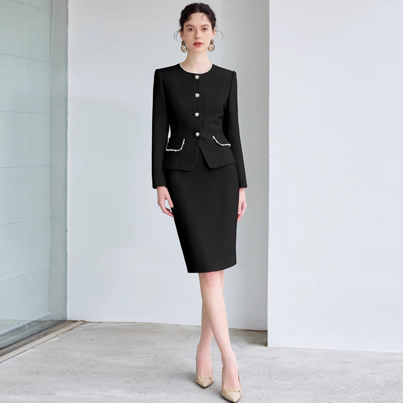 AD French Commuter Suit suit Women's High-end Pearl Crewneck Long-sleeved Jacket Black Business Dress Overskirt