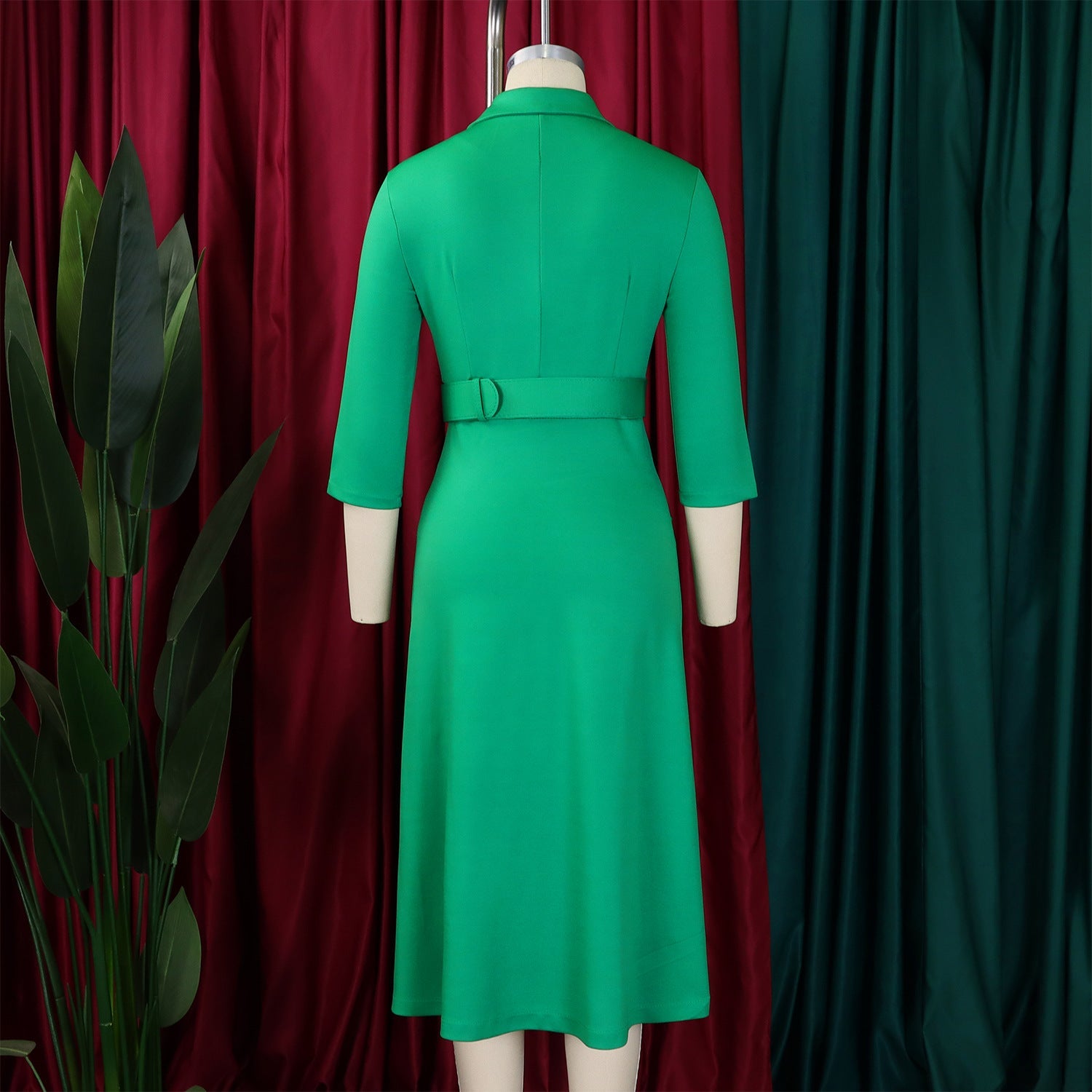 Women Notched Neck Elegant Full Sleeve Midi Dress Work Belt Streetwear Africa Party Club Dresses