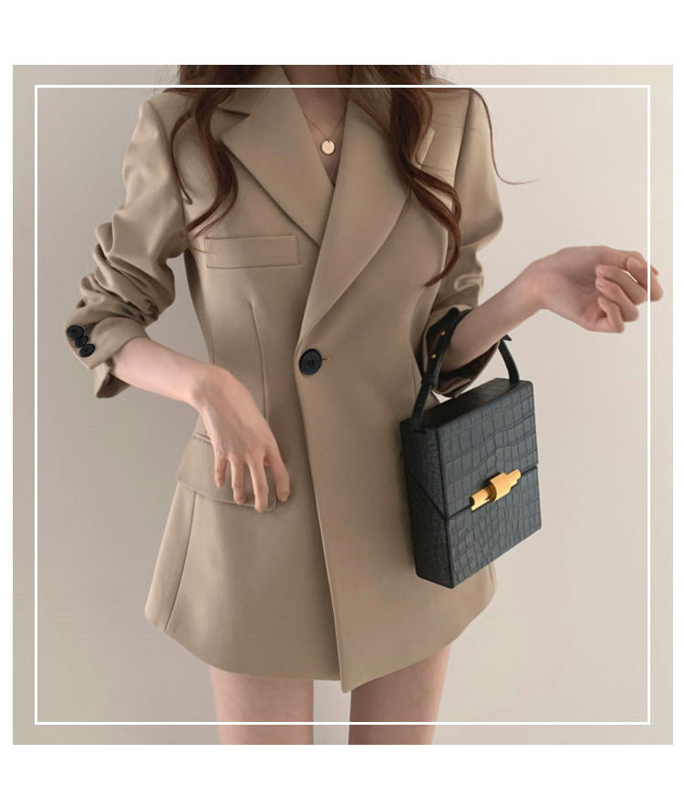 khaki Suit Jacket Women's Spring and Autumn Korean-style Ins Hong Kong-style Retro Top Tight Waist Slimming Mid-length Small Suit
