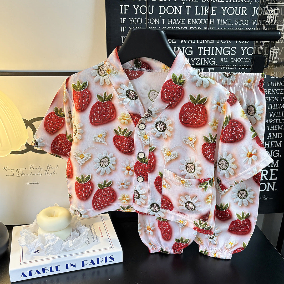 Children's Home Clothes Cotton Silk Suit Summer Boys and Girls Pajamas Artificial Cotton Two-Piece Set Cotton Silk Air-Conditioned Clothes Kidsren's Clothing