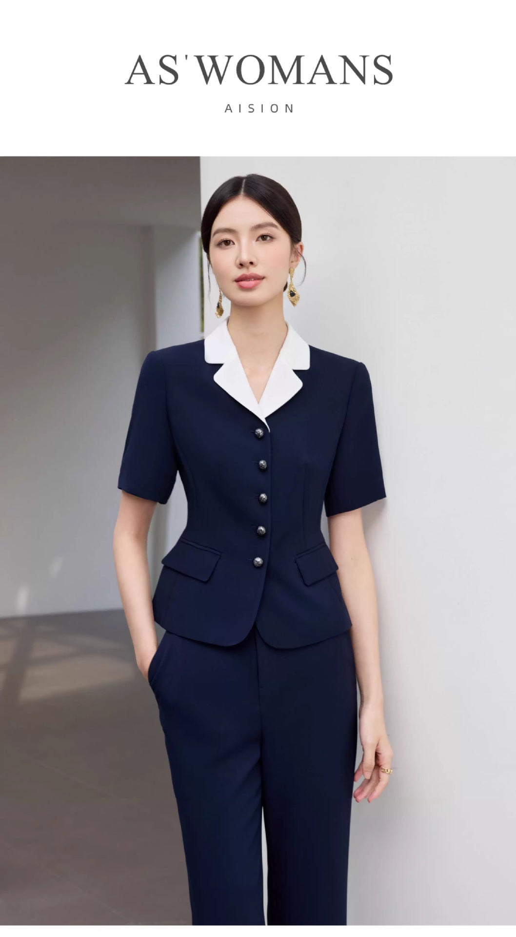 Summer New Navy Blue Short-Sleeved Professional Suit Suit Color-Blocked Suit Collar Single-Breasted Slim Slim Work Clothes