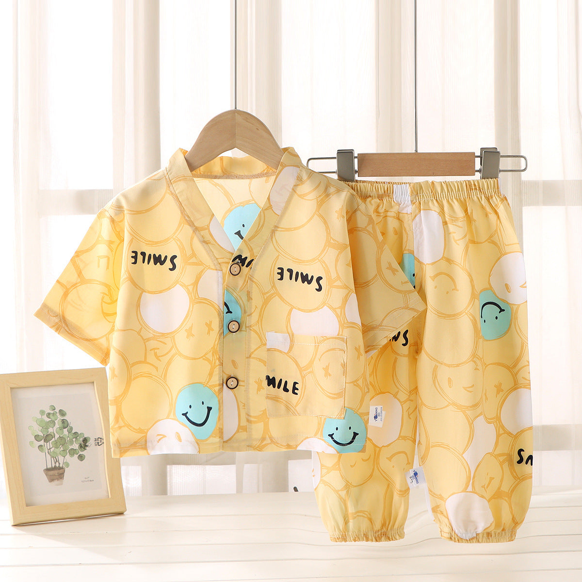 Children's Home Clothes Cotton Silk Suit Summer Boys and Girls Pajamas Artificial Cotton Two-Piece Set Cotton Silk Air-Conditioned Clothes Kidsren's Clothing