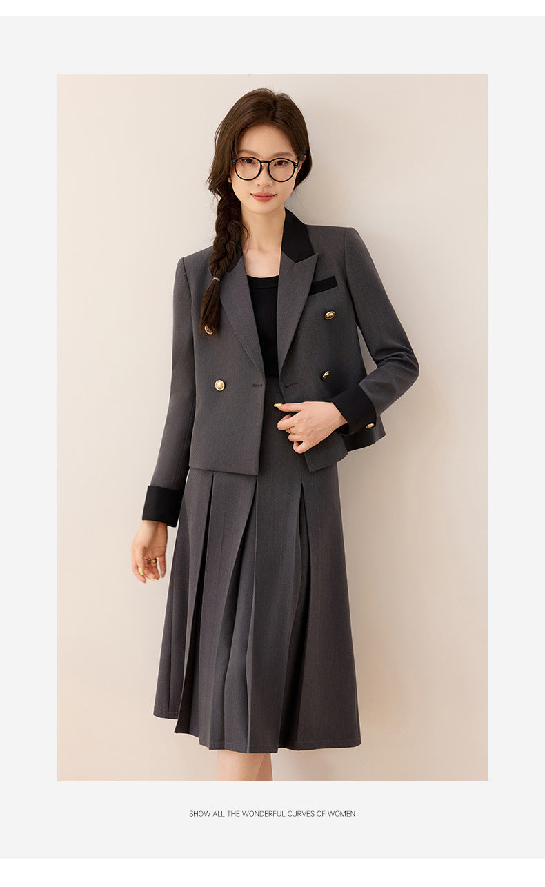 Cross-Border Black Short Blazer for Women, Petite Size, Suitable for College Students, Teacher Qualification Interview, Formal Attire, Elegant Suit with Skirt