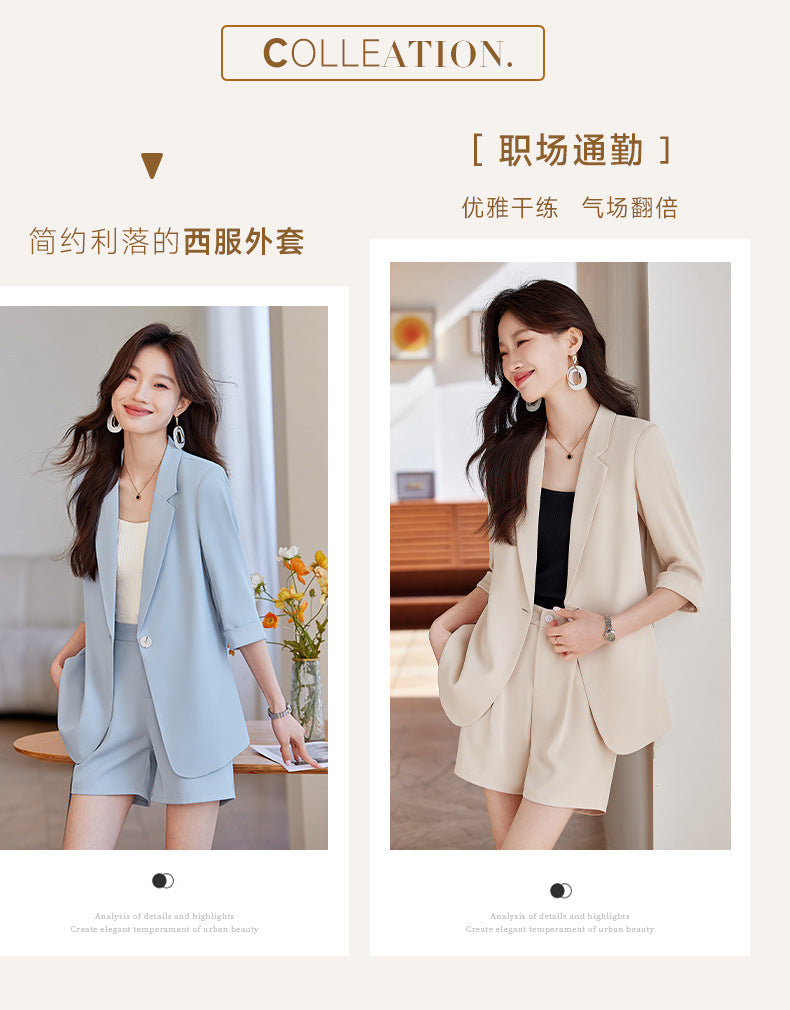 Blue Mid-Sleeve Chiffon Suit Jacket for Women 2025 New Summer Thin Style Fashionable High-End Shorts Suit