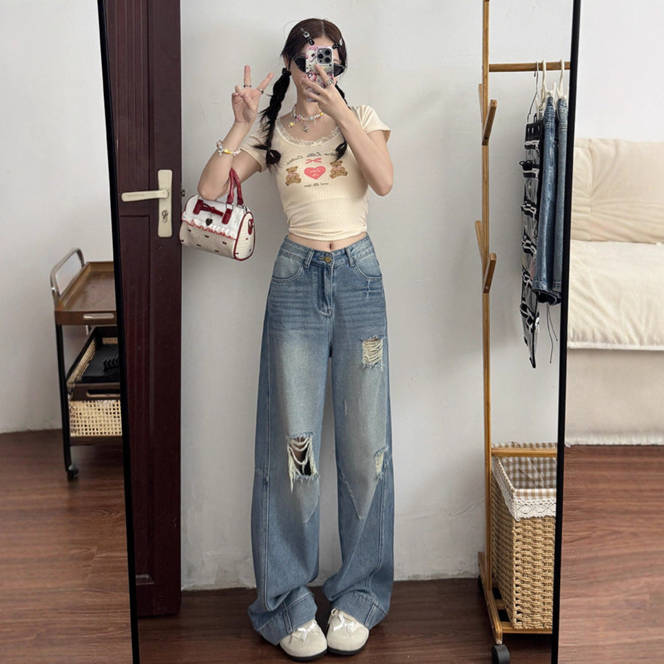 2025 Retro High-Waisted Ripped Jeans for Women in Spring and Autum New Pear-Shaped Figure Slimming Look Loose Wide-Leg Pants