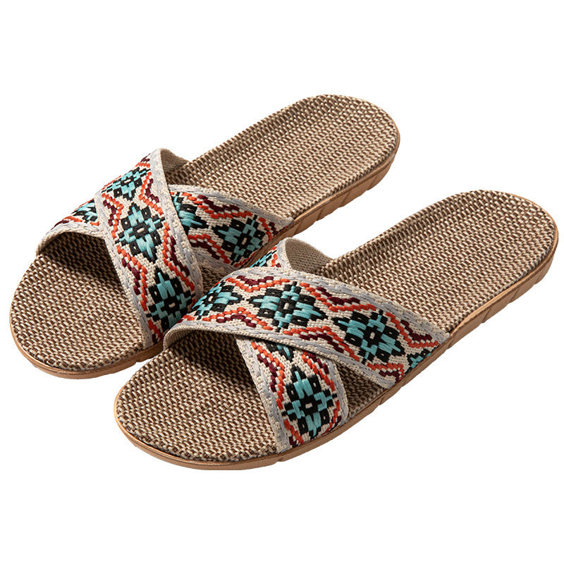 Open Open Toe Cross Linen Four Seasons Men and Women Couple Home Floor Slippers Linen Summer Sandals