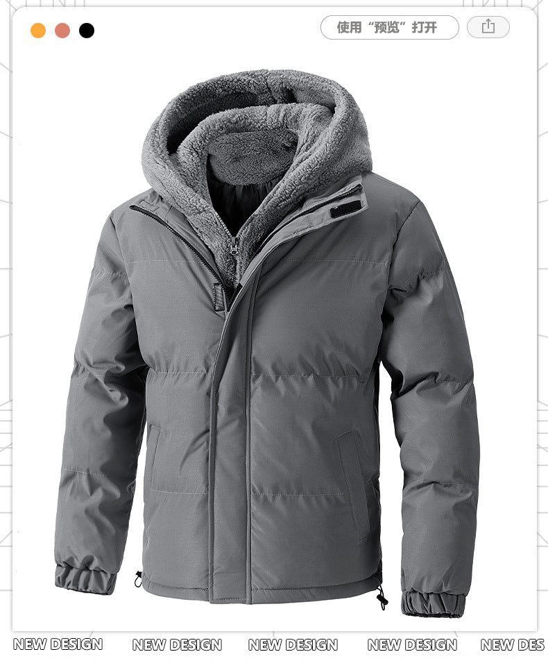 2025 Winter New Cross-Border Men's Cotton Jacket, Faux Two-Piece Solid Color Design with Fleece Lining and Thickened Polar Fleece Cotton Coat