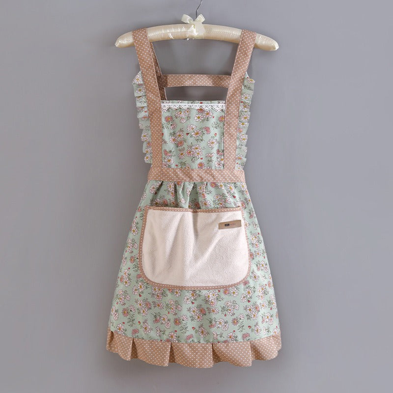 Factory Direct Sales New Kitchen Household Cooking Canvas Cotton Apron Lace Cute Hand-Wipeable Suspenders Pure Cotton for Women