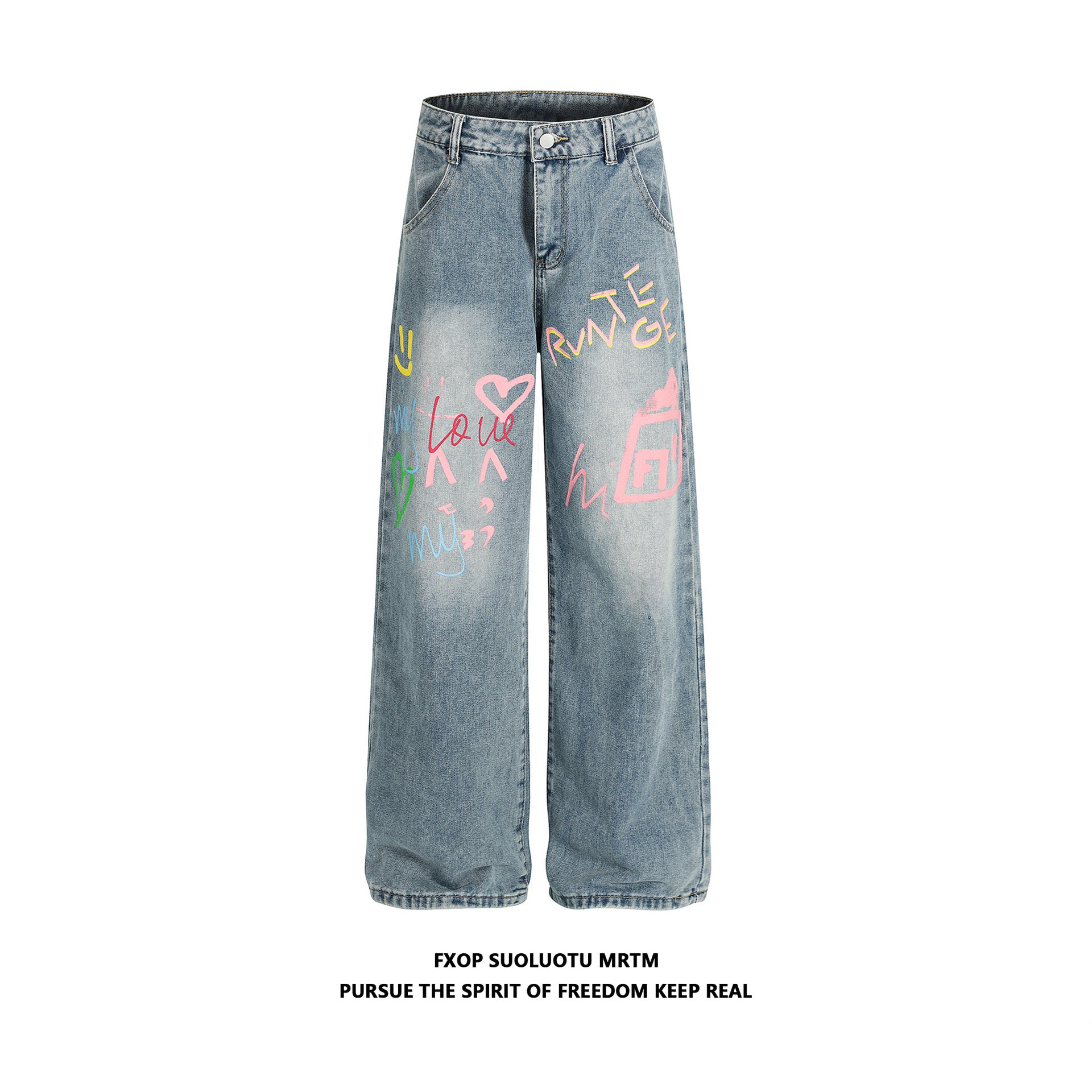 American Retro Niche Graffiti Washed Jeans for Women 2025 New Loose Straight High-Waisted Street Casual Pants
