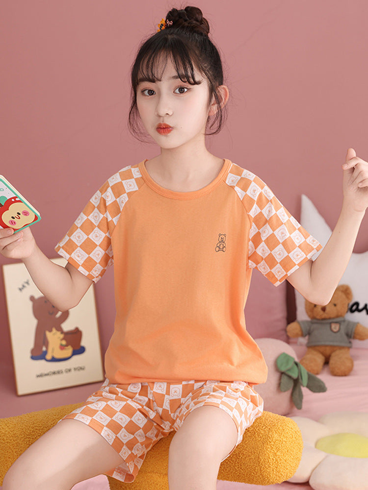 Children's Pajamas, Pure Cotton, Summer Short-Sleeved Shorts Set for Boys, Home Clothes for Girls, Air-Conditioned Clothes for Middle-Aged and Older Boys