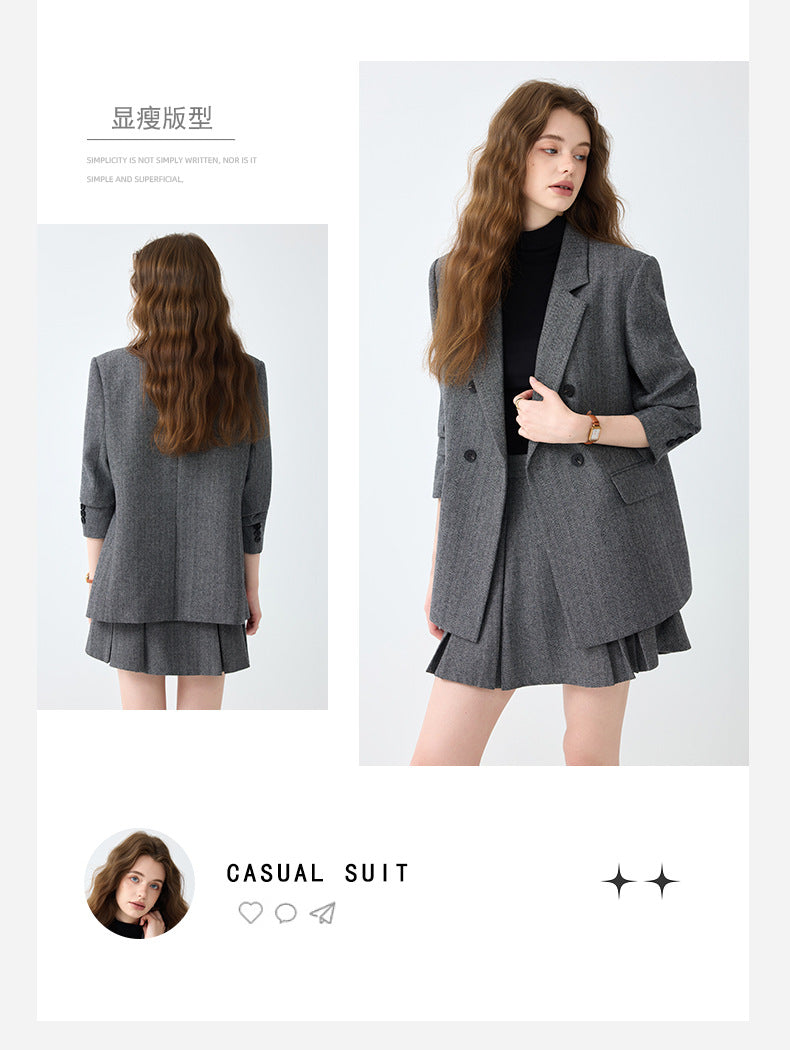 Cross-Border Gray Blazer for Women, New Spring and Autumn Style, High-End, Elegant, Casual, College Style, Korean Version, Loose-Fitting Suit Set
