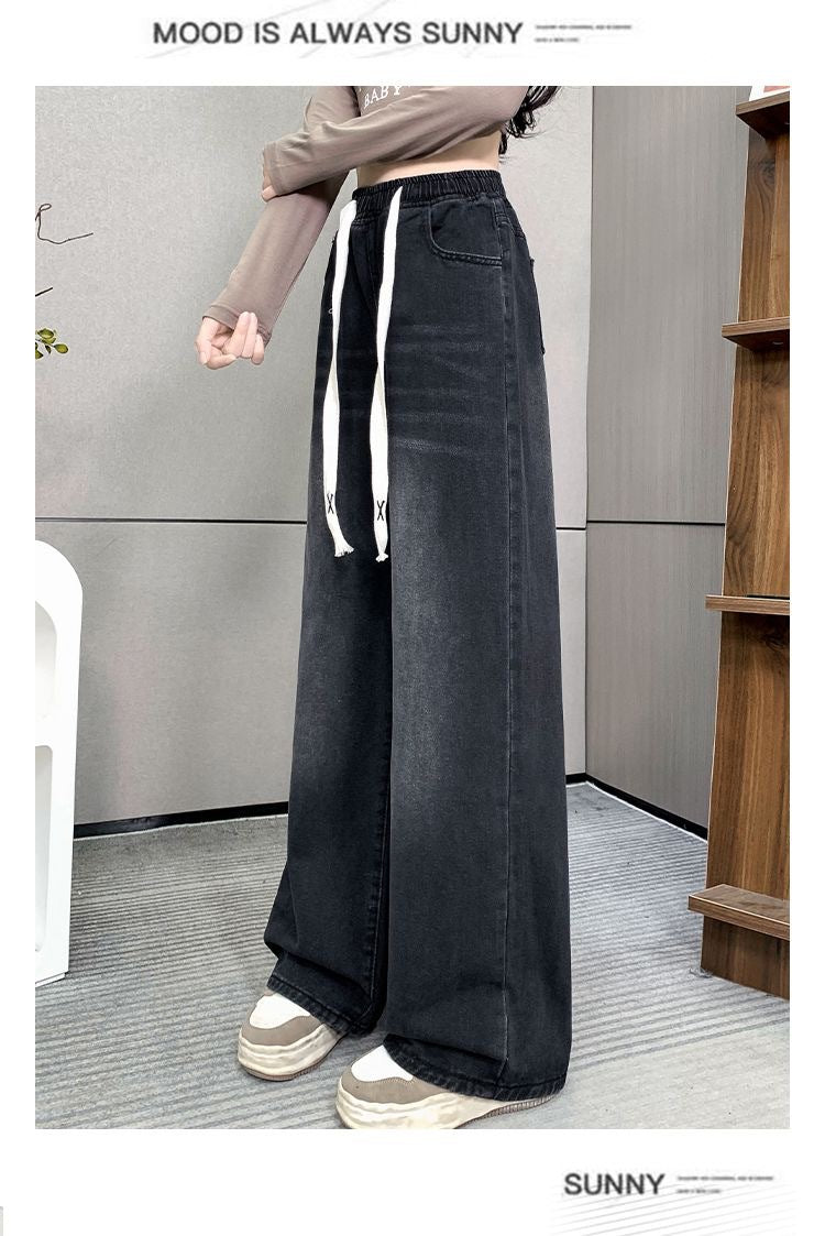 Spring and Summer High-Waisted Wide-Leg Floor-Length Pants for Women, Slim and Versatile Korean Style Student Elastic Waist Drawstring Jeans Large Size