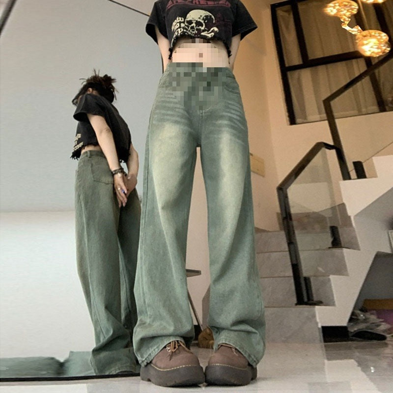 2025 Spring and Autumn Retro American High Waist Slim Straight-Leg Jeans Fashion Women's Loose Floor-Length Wide Leg Long Pants