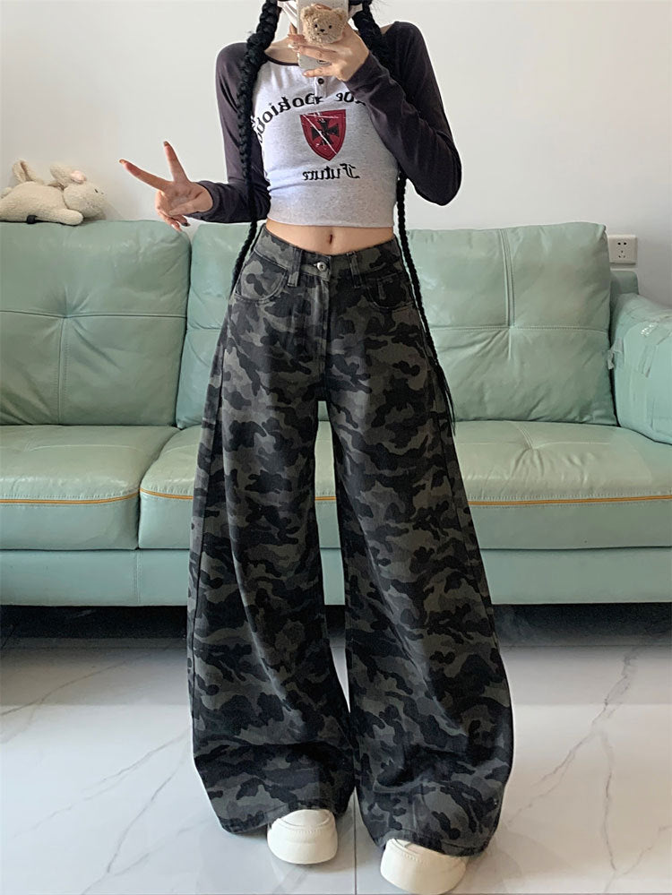 Plus Size Workwear Wide-Leg Camouflage Jeans for Women, Autumn American Style, Loose Retro Drape, Lazy Straight Pants for Chubby Women
