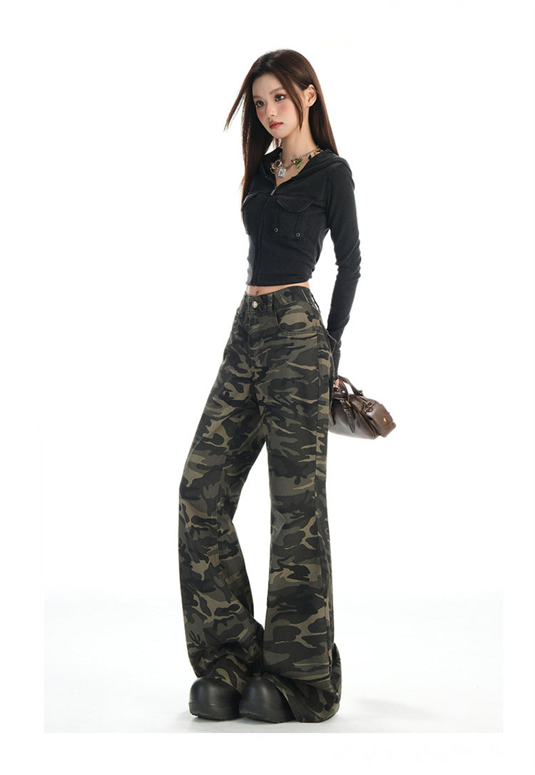 Autumn New Non-Elastic Slightly Spicy Cargo Pants American Retro Camouflage Flap Pocket Design Jeans for Women