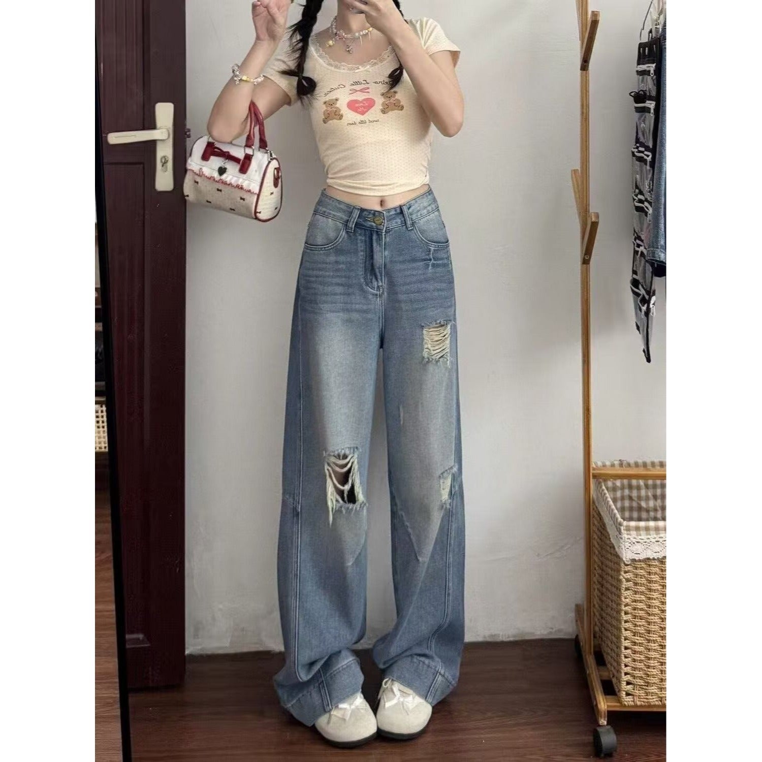 American Style Ripped Jeans for Women, Autumn New Plus-Size High-Waisted Pear-Shaped Figure Slimming Loose Wide-Leg Pants