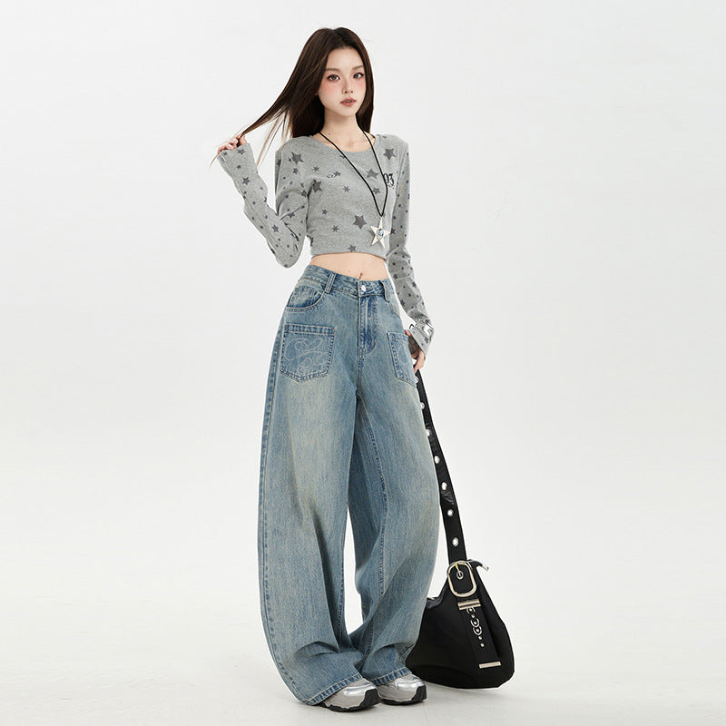Raccoon House # American Retro Design Embroidered Jeans for Women 2025 Autumn New High-Waisted Loose Wide-Leg Pants Trendy